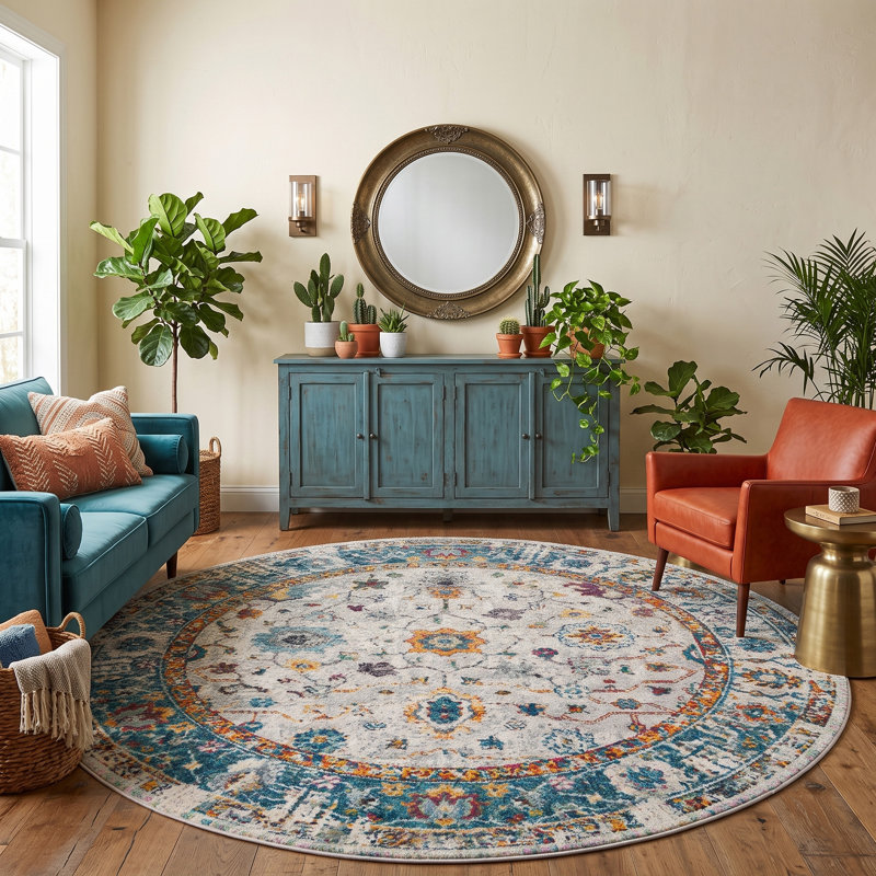 Tapis orange / bleu Miranda, Rond 7 pi 6 po