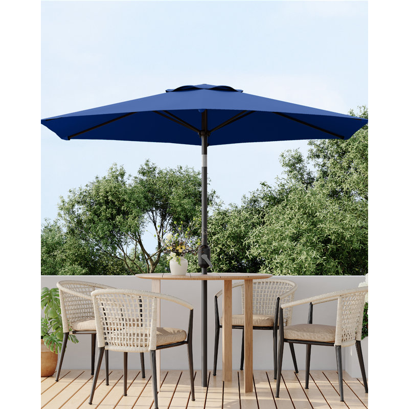 Parasol de terrasse de 2,3 m (7,5 pi), toile imperméable anti-UV, mât en acier et manivelle d'inclinaison | Structure robuste à 6 baleines, ventilation double, démontage facile et rangement compact