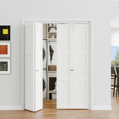 Bifold Interior Door - 3 Lite Raised Panel MDF Design ,White Closet Doors With Instal Hardware & Handle & Lock