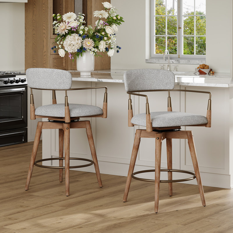 Mid-Century Modern Swivel Counter Stool With Solid Wood Frame, Gray