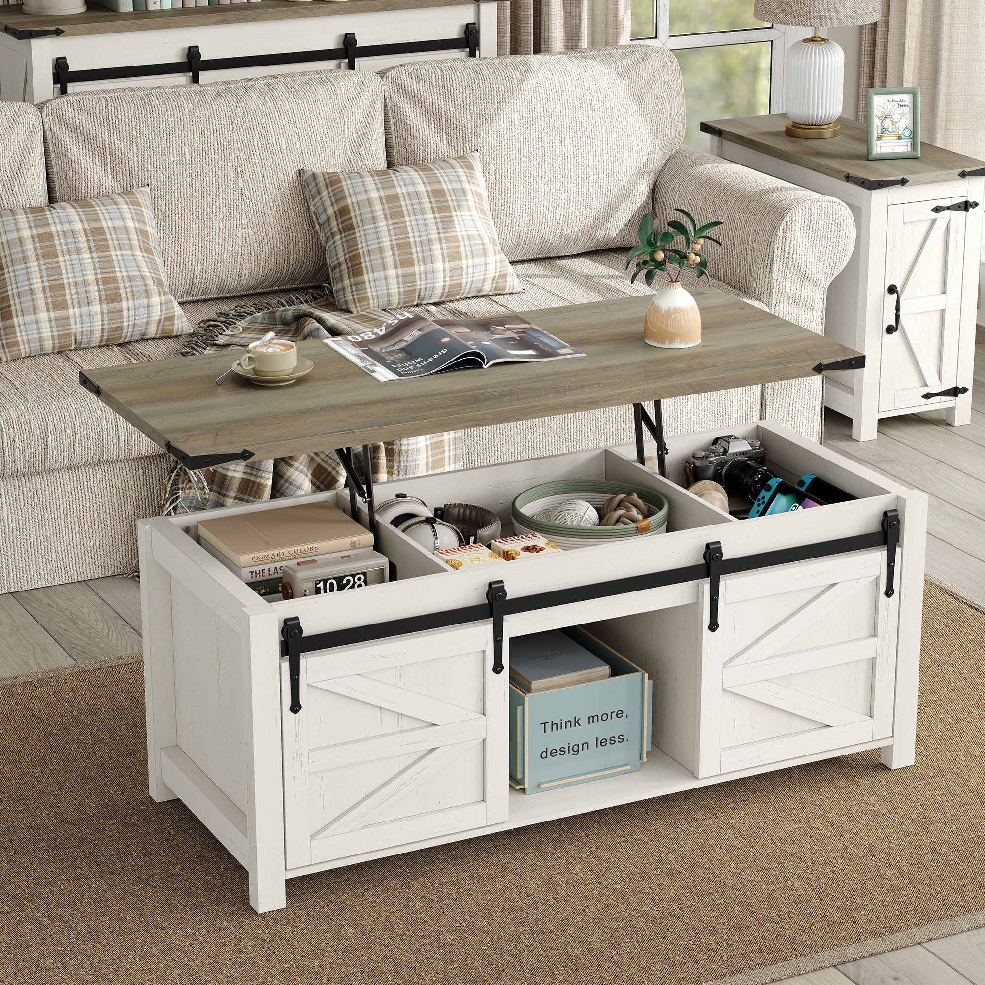Jaquavion Coffee Table, Farmhouse Lift Top Coffee Table with Hidden Storage and Sliding Barn Door for Living Room