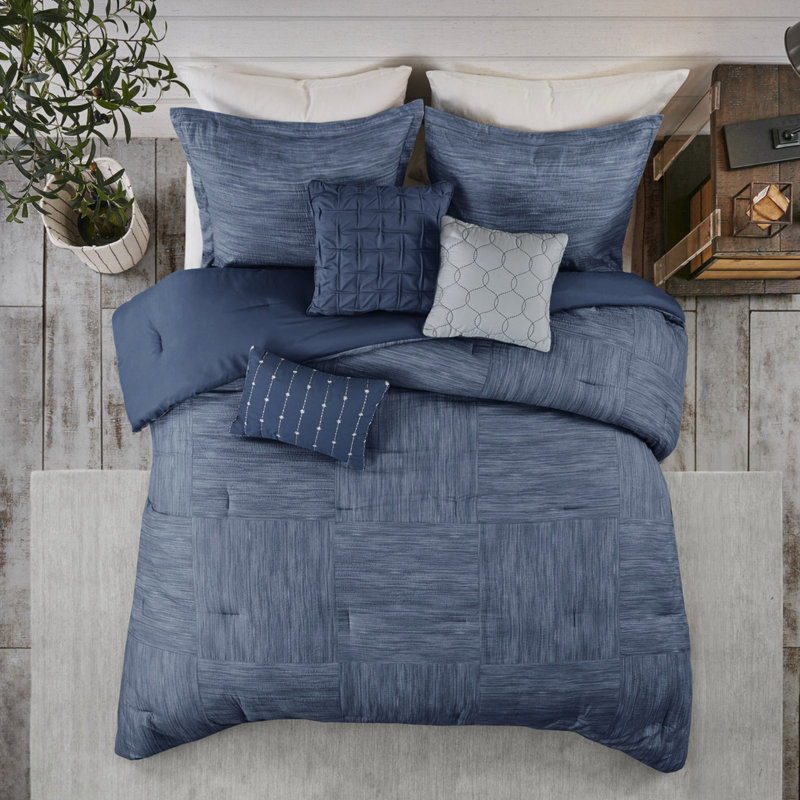 7 Piece Navy Seersucker Comforter For Queen - Machine Washable & Stylish In Bed,