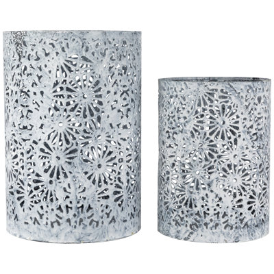 Laser-Cut Floral Iron Pillar Candle Holders - 10" - Gray And White - Set Of 2