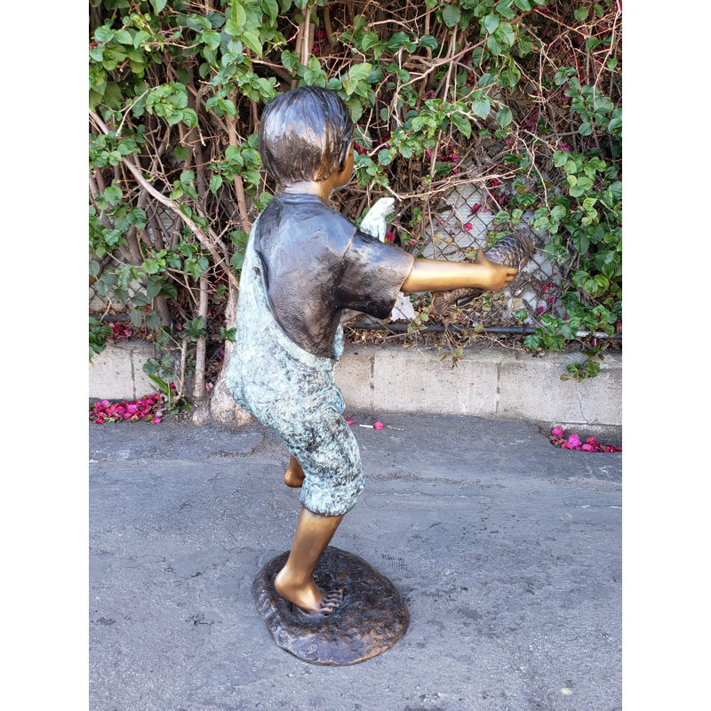 Playful Young Boy with Fish and Frog Bronze Statue Fountain  19" x 16" x 32"H