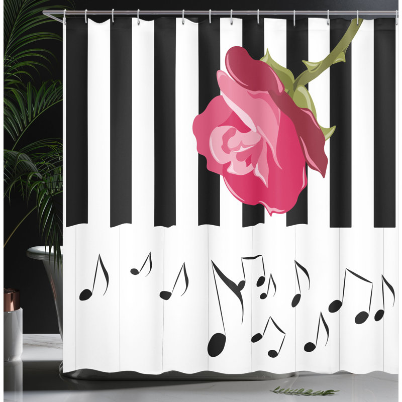 Pink Black White Musical Notes Rose Fabric Shower Curtain