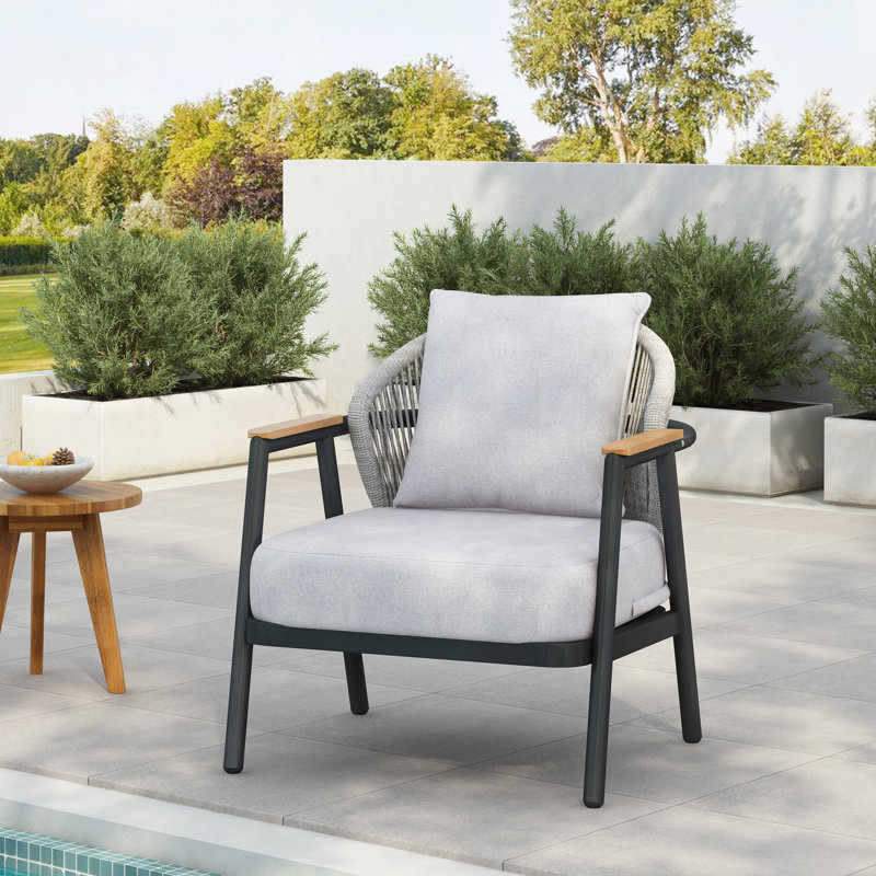 Ensemble de 1 chaise de patio d'extérieur avec cordon et coussin, Coussin gris/cadre noir