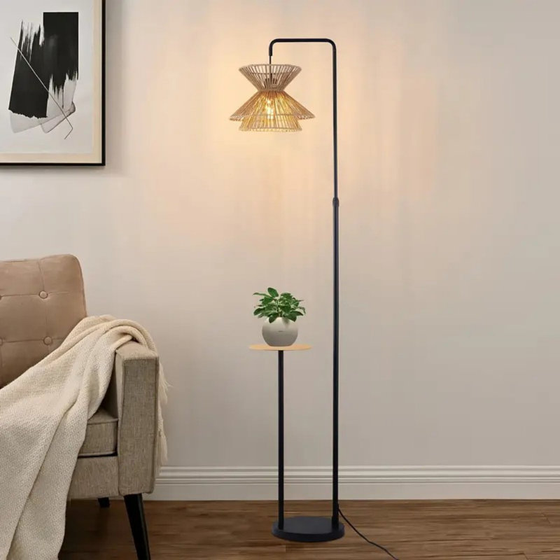 Rattan Floor Lamp - Bohemian Farmhouse Style LED Floor Lamp With Metal Wood Grain Tray, Foot Switch, Perfect For Living Room And Bedroom (Black)