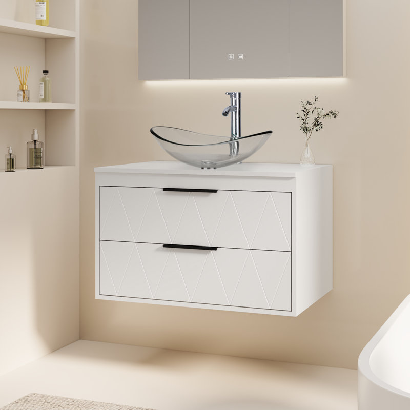 Ensemble de meuble-lavabo mural simple 30 po avec lavabo vasque en céramique Sharee, comptoir en bois manufacturé, robinet et bonde Sharee
