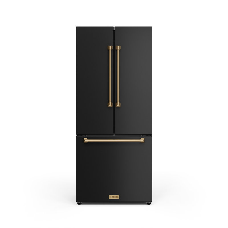 Réfrigérateur à profondeur de comptoir à porte française de 30 pouces 17,7 pieds cubes avec panneau noir et quincaillerie bronze - RF3017FFD00-BRZ