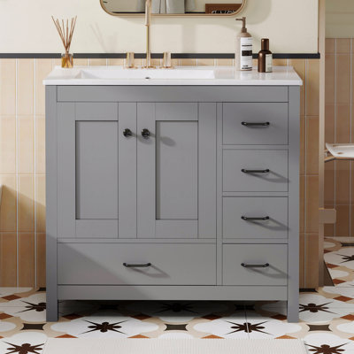 Ensemble de meuble-lavabo avec lavabo en céramique, armoire de rangement abondante, 2 portes à fermeture en douceur et 5 tiroirs