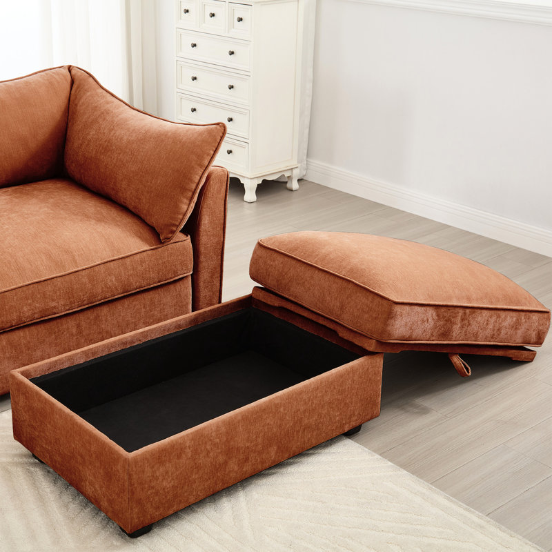 3 places avec repose-pieds, canapé modulaire en chenille orange, tiroir de rangement sous chaque siège, forme de croissant en ligne épurée, assise douce et confortable, fonction de choix de couleurs multiples, conception en forme, passepoil