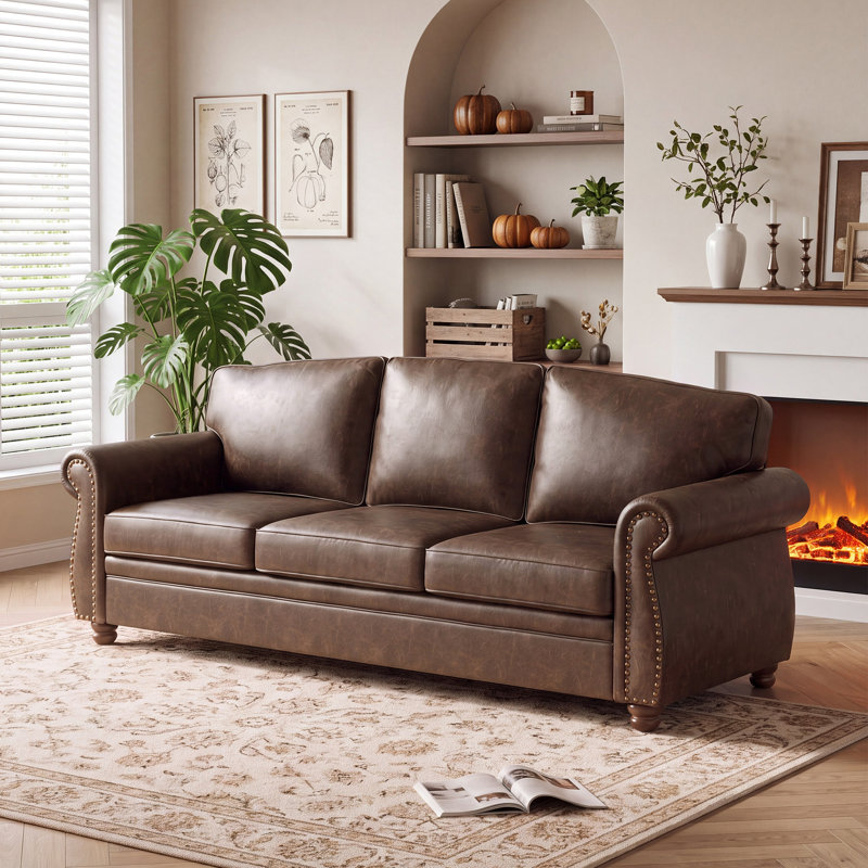 Vintage Living Room Standard Couch, 89" Traditional Upholstered Nailhead Trim 3-seater Sofas & Couches With Rolled Arms And Wood Legs For Farmhouse, Apartment, Faux Leather