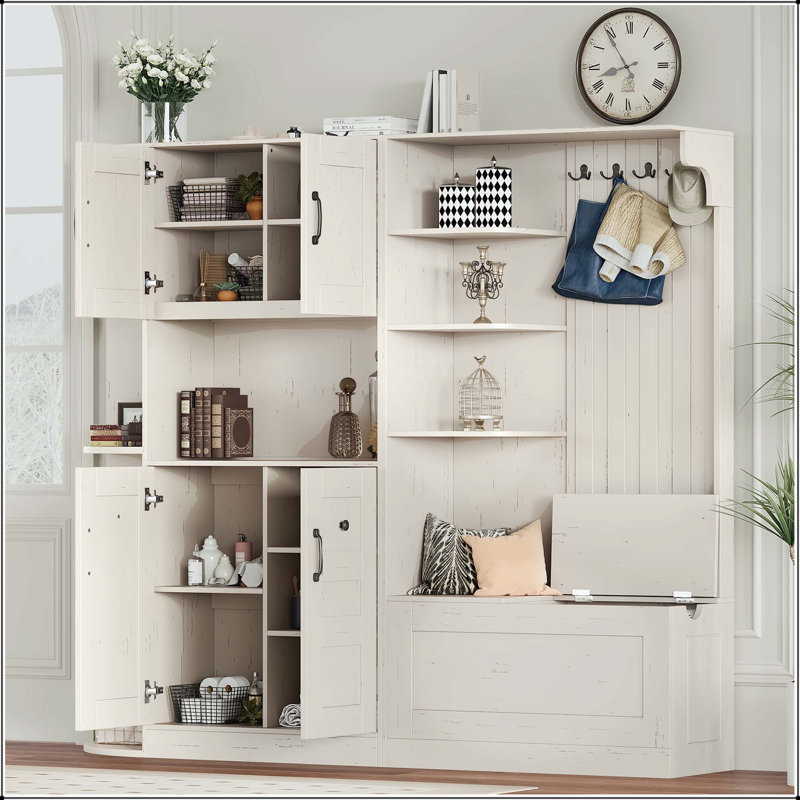 Armoire de vestibule multifonctionnelle gauche-droite avec 4 crochets, Beige