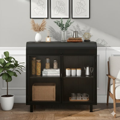Modern Sideboard Buffet Cabinet With Tempered Glass Doors Featuring A Figured Pattern, Flip Top Opening, Interior Shelves, And A Metal Frame, A Storage Console For Dining Room, Kitchen, Living Room, And Entryway (Black Finish)