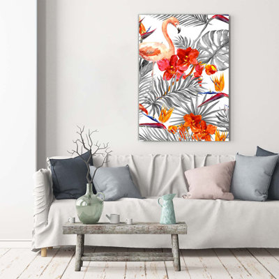 Flamingos And Flowers - Wrapped Canvas Print