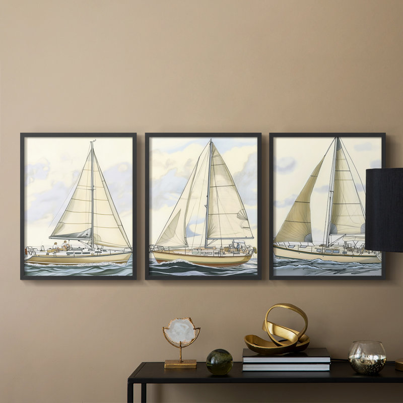 Série 9 Sea and Shore - Ensemble de 3 estampes numériques - Prêt à accrocher, H 28 po x l 22 po, Cadre noir