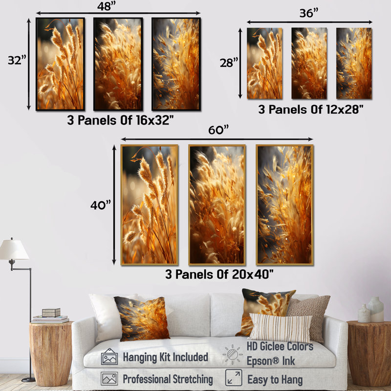 Golden Meadow Grass - Ensemble de 3 décorations murales Meadow, Cadre flottant brun, H 28 po x l 36 po