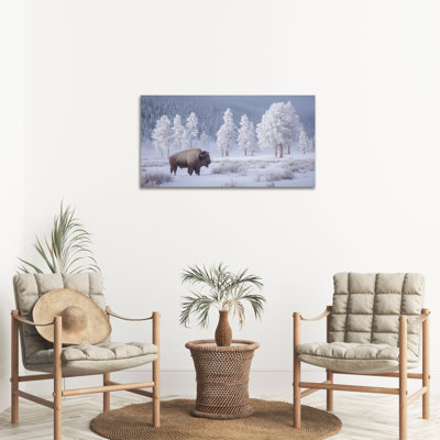 Grand paysage d'hiver, art mural sur toile Bison enneigé, forêt, scène d'hiver, impressions sur toile, décoration murale de Noël, art mural paysage naturel moderne pour le salon, la chambre à coucher, prêt à être accroché 32 po x 48 po