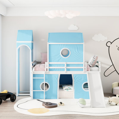 Twin Size Blue Loft Bed With Slide And Pink Tent Tower - Pine Build, Adjustable Placement, Fence Shaped Bedroom Feature Slide, Tent, Quality Construction For , Windowed Design, Semi Enclosed Under