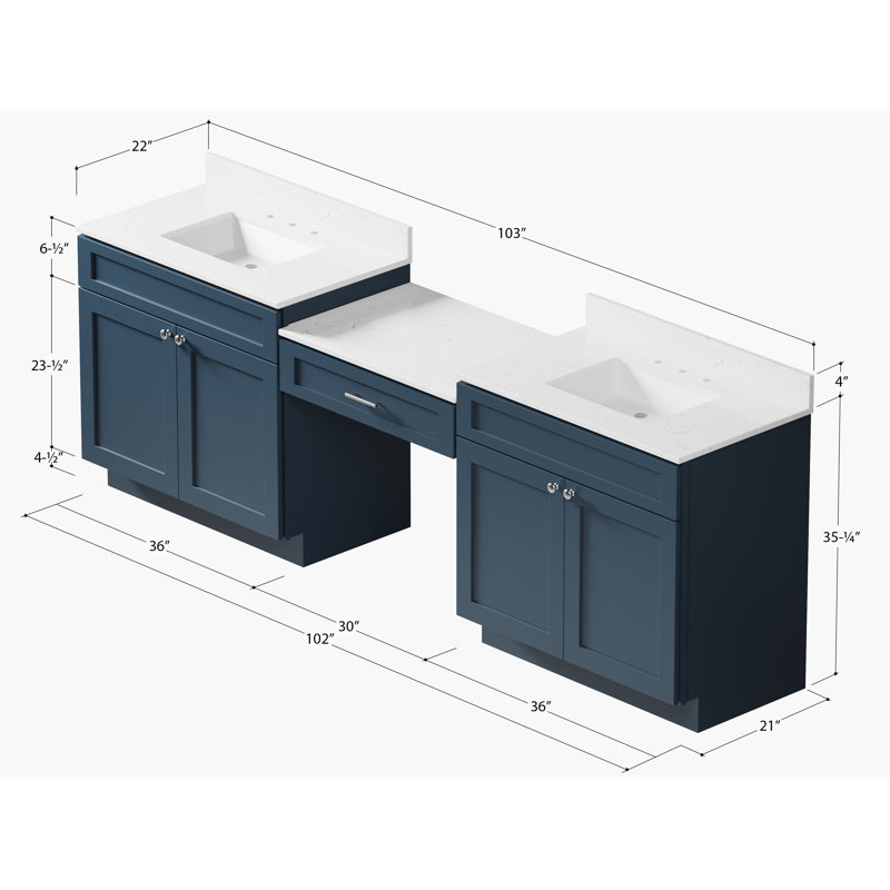 103'' Double Bathroom Vanity with Quartz Top, Blue