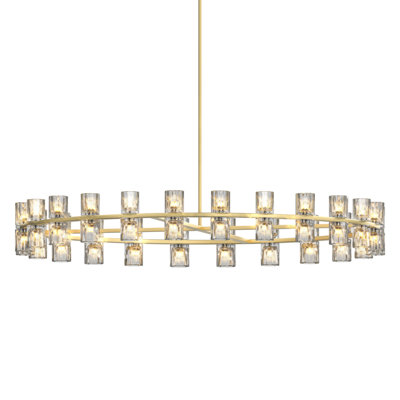 48 Inch Gold Wagon Wheel Chandelier With Crystal Shade, 48 Lights, Modern Farmhouse Style, Ideal For Dining Room, Kitchen, Entryways