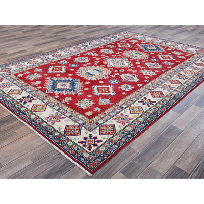 5'10"x8'8" Crimson Red, Kazak with Geometric Medallions Design, Soft and Shiny Wool, Hand Knotted, Denser Weave, Vegetable Dyes, Oriental Rug