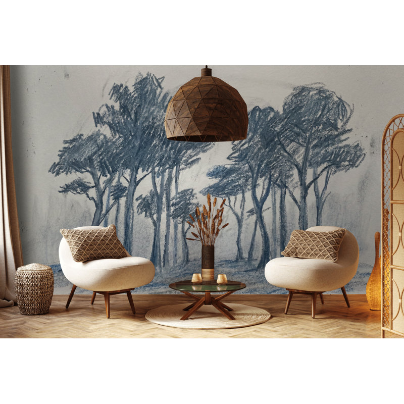 Papier peint arbre et croquis bleu gris, 120 po x 96 po, Peler et coller