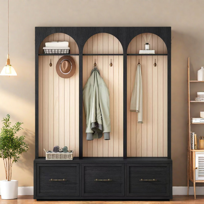 Farmhouse Wooden Style Hall Tree With Arched Design, Bench, 8 Retro Hooks, And 3 Drawers, Black