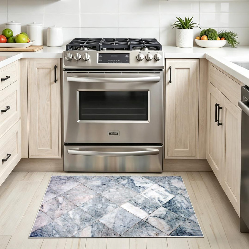Tapis d'intérieur blanc à motif de carreaux de marbre blanc lavable à la machine Mable, Rectangle 32 po x 47 po