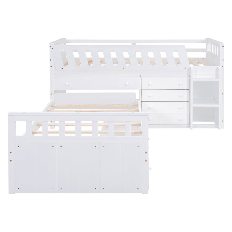 L-Shaped  Space-Saving Twin Loft And  Twin  Platform Bed With 7 Drawers And Full Guardrails(WHITE)