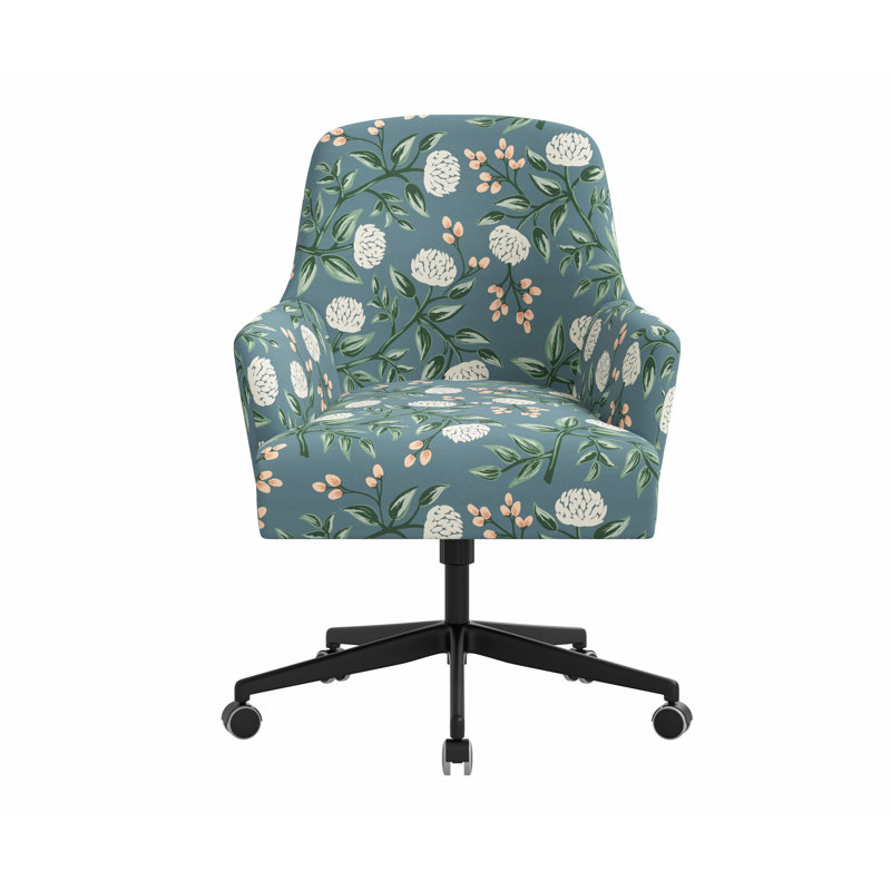Chaise de bureau avec base Yvette, Rpc pivoines émeraude lin, Matte Black