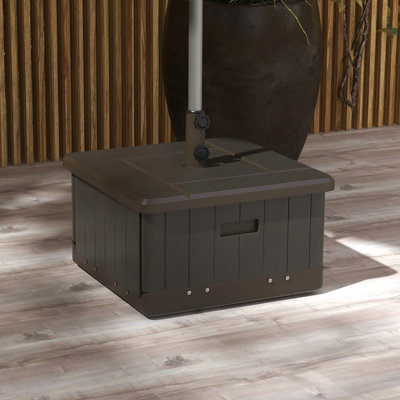 Outdoor Umbrella Base With 31 Design, Table, Flower Box, 175 Lbs Capacity, Brown, Wheels For Easy Handling Stand, End Box Planter, Fillable, Effortless Mobility In Garden
