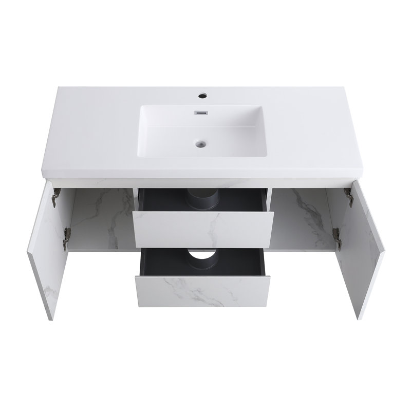 48" Modern Floating Bathroom Vanity with Integrated Sink with Overflow, Carrara Marble Laminate, White