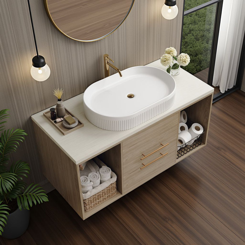 Meuble-lavabo mural 38 po avec lavabo en céramique - Conception flottante peu encombrante?, Brun