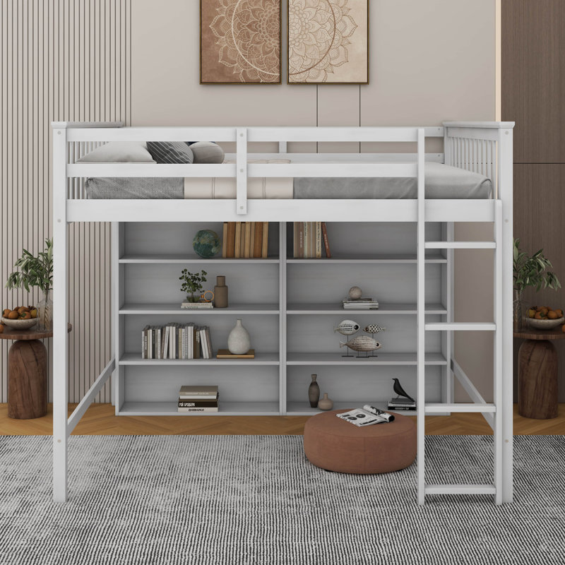 Lit mezzanine double avec tablettes, Blanc antique