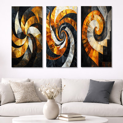 Jaune et noir, vortex de sophistication I - formes abstraites, art mural 3 pièces