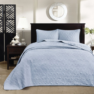Queen Size Blue Reversible Bedspread - Classic Stitch Pattern For Luxury Oversized A Better Mattress Fit Pre-Washed Cotton Filling Comfort 2 Shams Inc