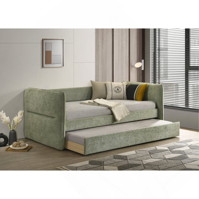 Luxurious Modern Button Tufted Daybed with Pull Out Trundle, Nailhead Trim, Light Green Finish, Bedroom Living Room Furniture