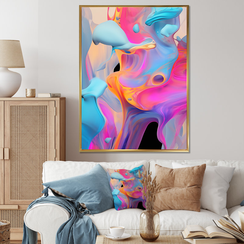 "Peinture rose et bleue Fusion V", Cadre flottant doré, H 44 po x l 34 po x P 1,5 po