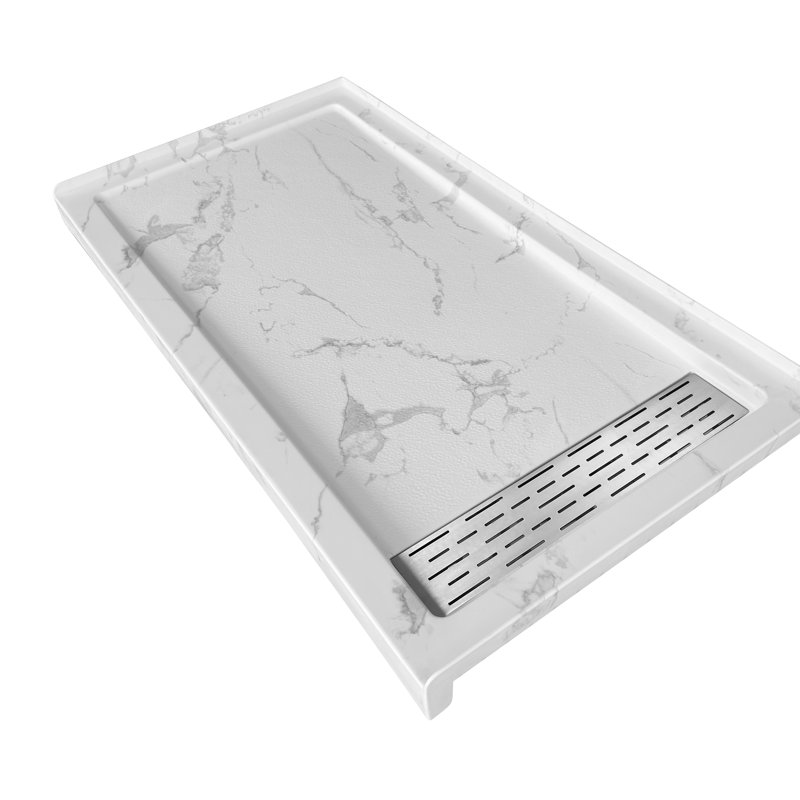 60”W x 32”D Rectangular Shower Pan Base with Stainless Steel Drain Cover, Marble-Look Acrylic, Brushed Nickel, Right