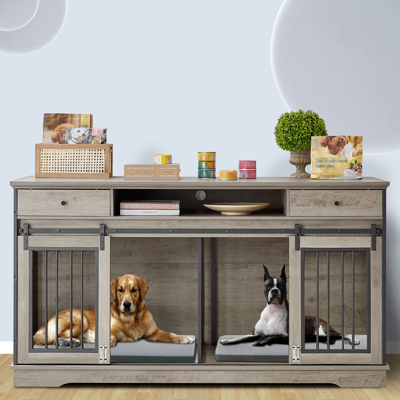 Super large TV cabinet dog crate dog cage with 2 drawers End table, Light Gray