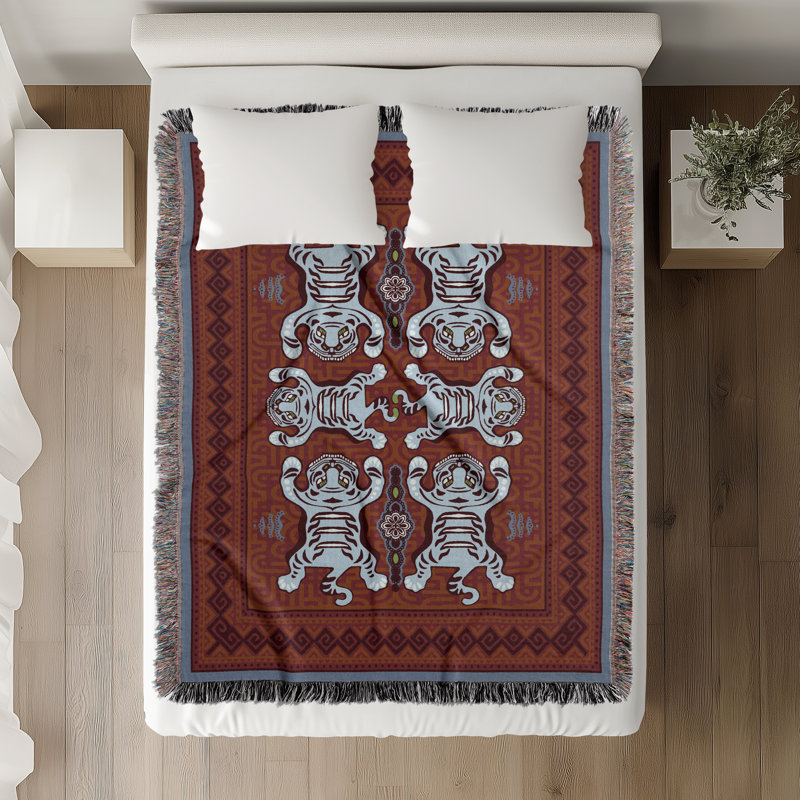Jeté en mélange de coton Voha, L 70 po x l 50 po, Rouge / bleu / orange brûlé