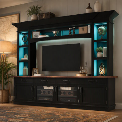 94.3" Extra Long Farmhouse TV Stand with 7-Color LED Lights, Adjustable Shelves  Storage Cabinets, Modern Entertainment Center Media Console for 65 I