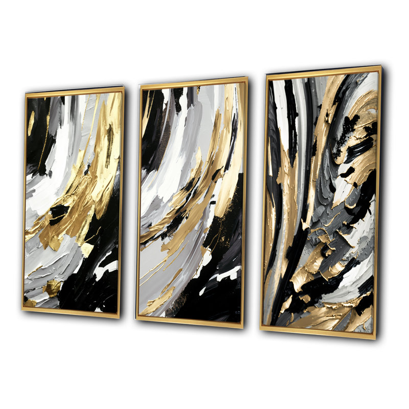 "Rythme de plaisir abstrait noir et or", 3 pièces sur toile, Encadrement doré, H 40 po x l 60 po