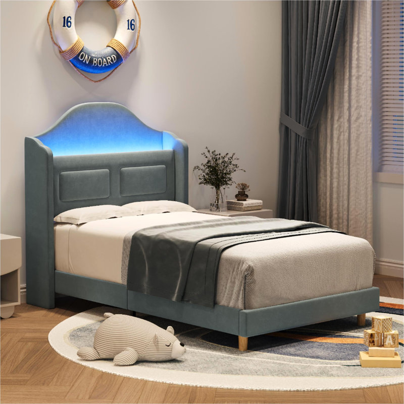 Cadre de lit simple avec lumières, lit plateforme élégant en velours, Bleu