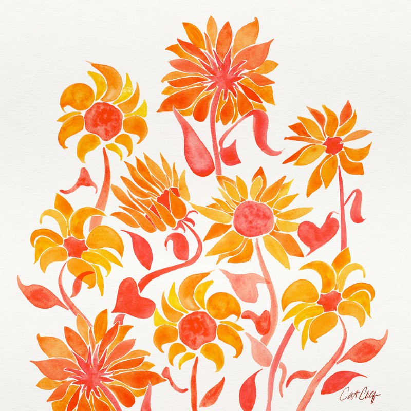 " Sunflower Watercolor Fiery Palette " by Cat Coquillette, 12" H x 12" W, No, Wrapped Canvas