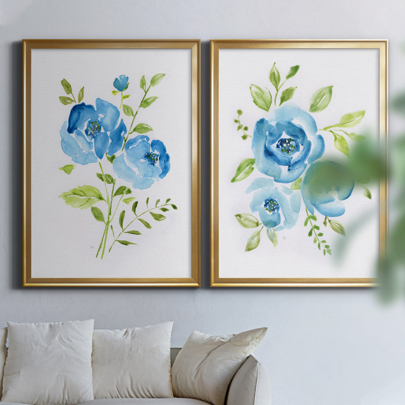 «Blue Morning Bouquet I», ensemble de 2 reproductions d'art, H 18,5 po x l 49 po x P 1,5 po, Toile encadrée dorée