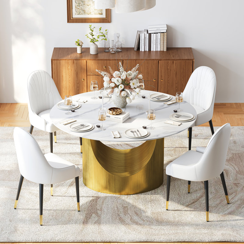 5-Piece Round Dining Set, 59" Rock Plate Table With Brushed Gold Base & 4 Faux Leather Chairs With Diamond-Quilted Back