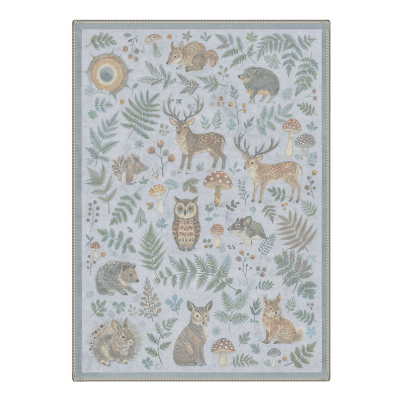 Aarna Woodland Rustic Animals  Beige&Brown Area Rug, Washable Kids Rug with Non-Slip Backing, Rectangle 6' x 9', Brown