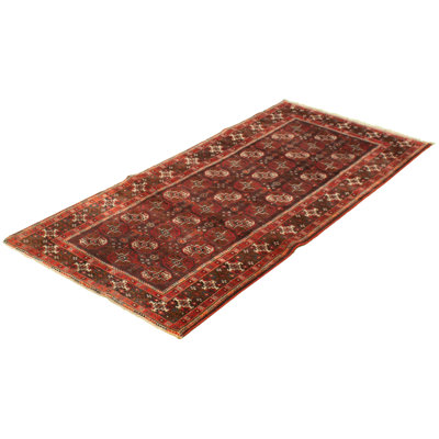 Tapis de couloir en laine noué à la main des années 1980 3 pi 11 po x 8 pi 9 po de conception unique en Tapis décoratif laine brun foncé/rouge